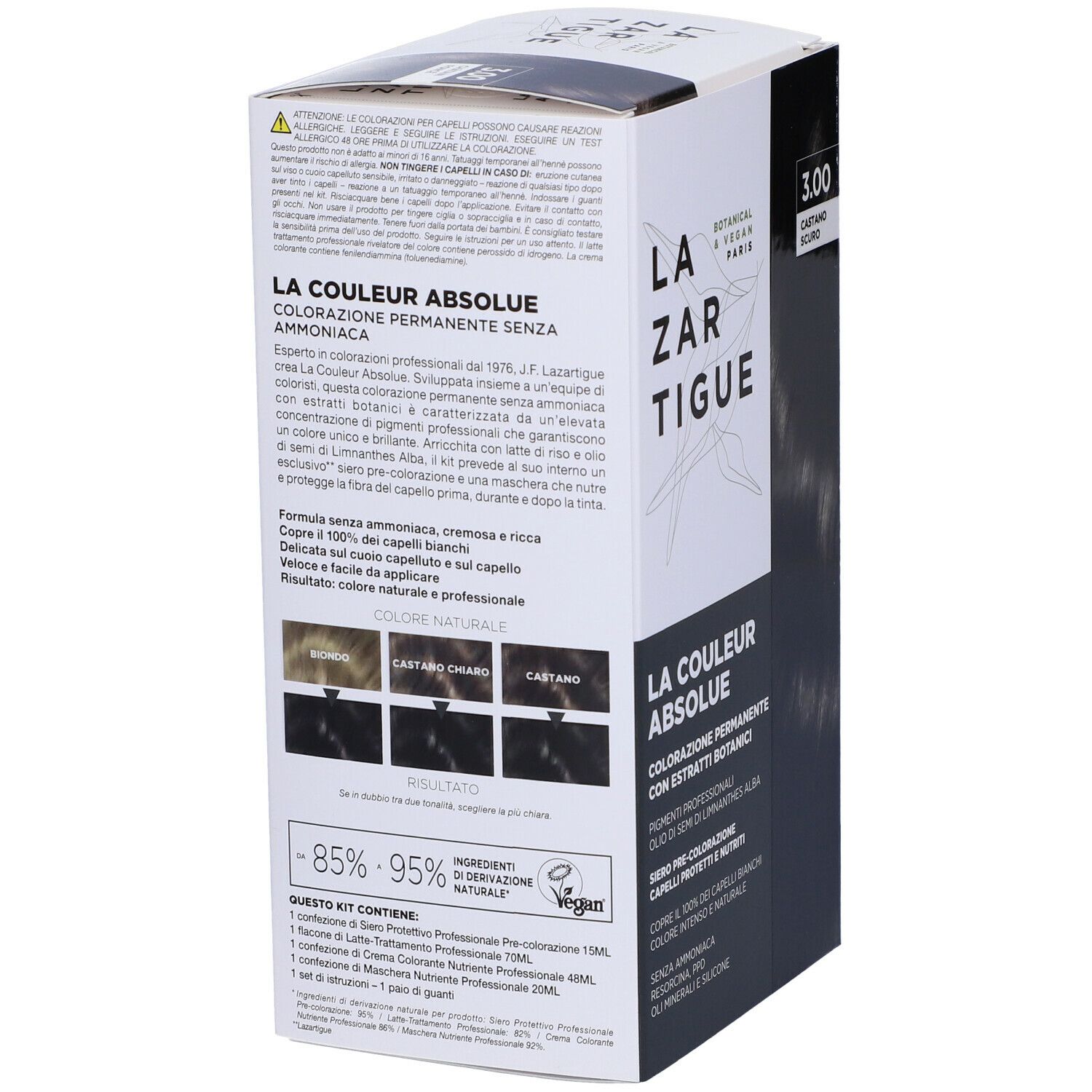 LAZARTIGUE COULEUR ABSOLUE, tinta castano scuro. Confezione, retro con informazioni e ingredienti.