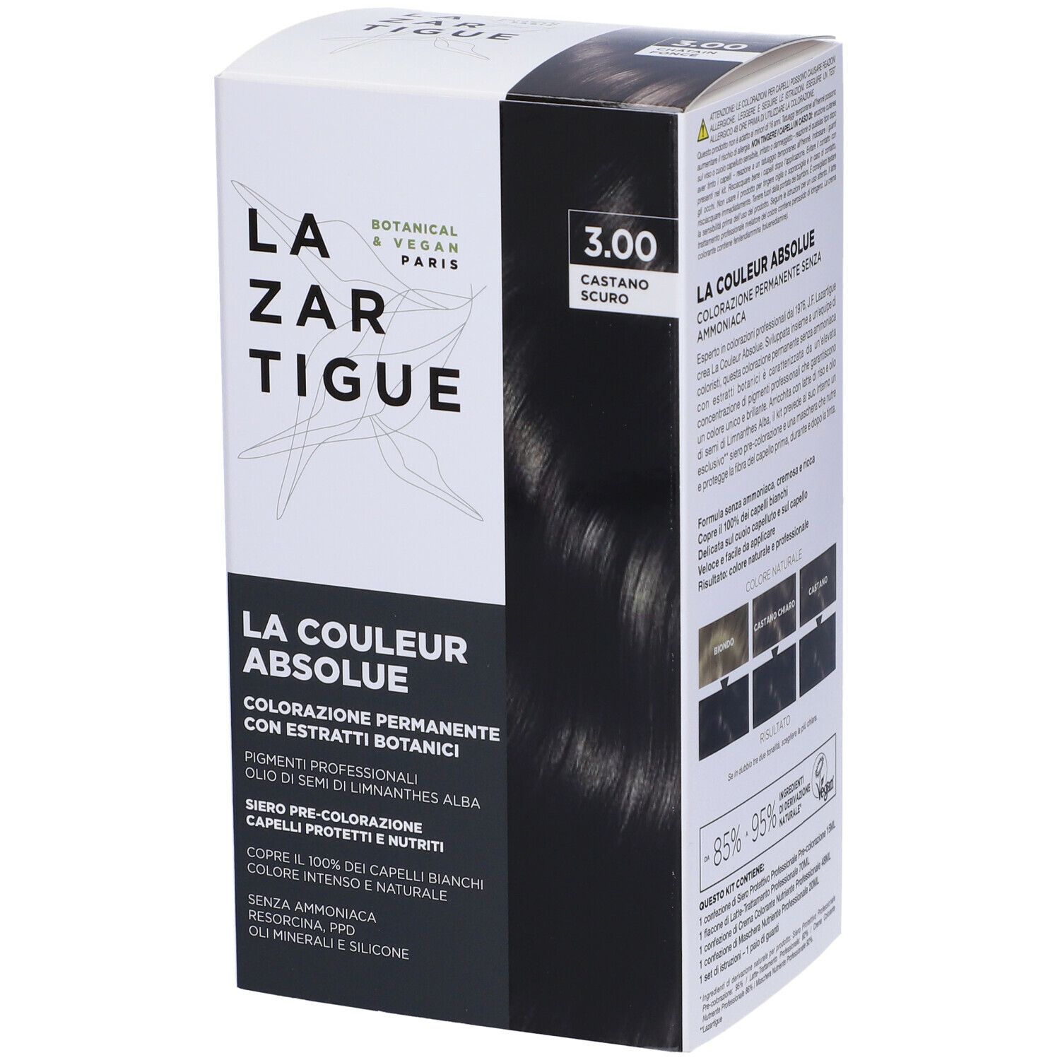 LAZARTIGUE COULEUR ABSOLUE, tinta castano scuro. Confezione, retro con informazioni e ingredienti.