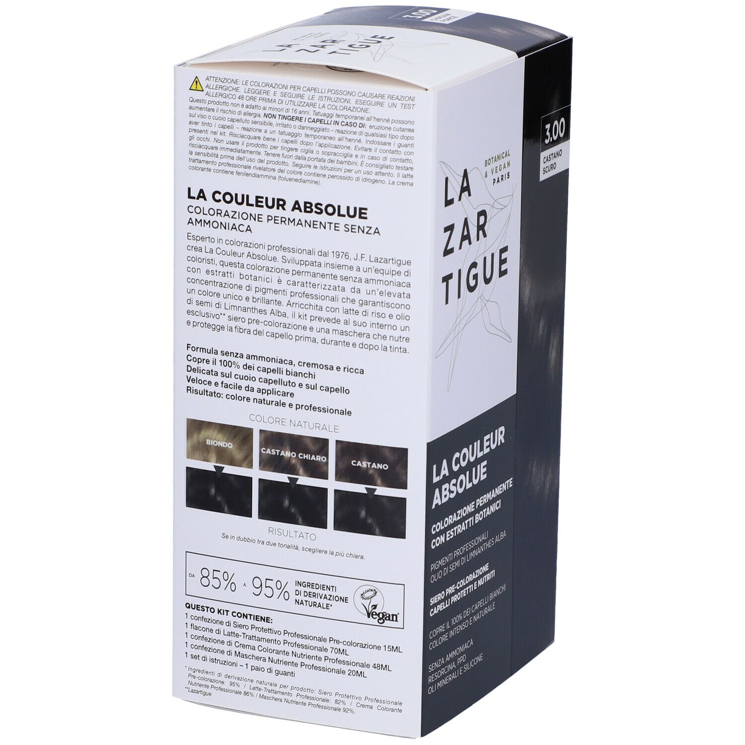 LAZARTIGUE COULEUR ABSOLUE, tinta castano scuro. Confezione, retro con informazioni e ingredienti.