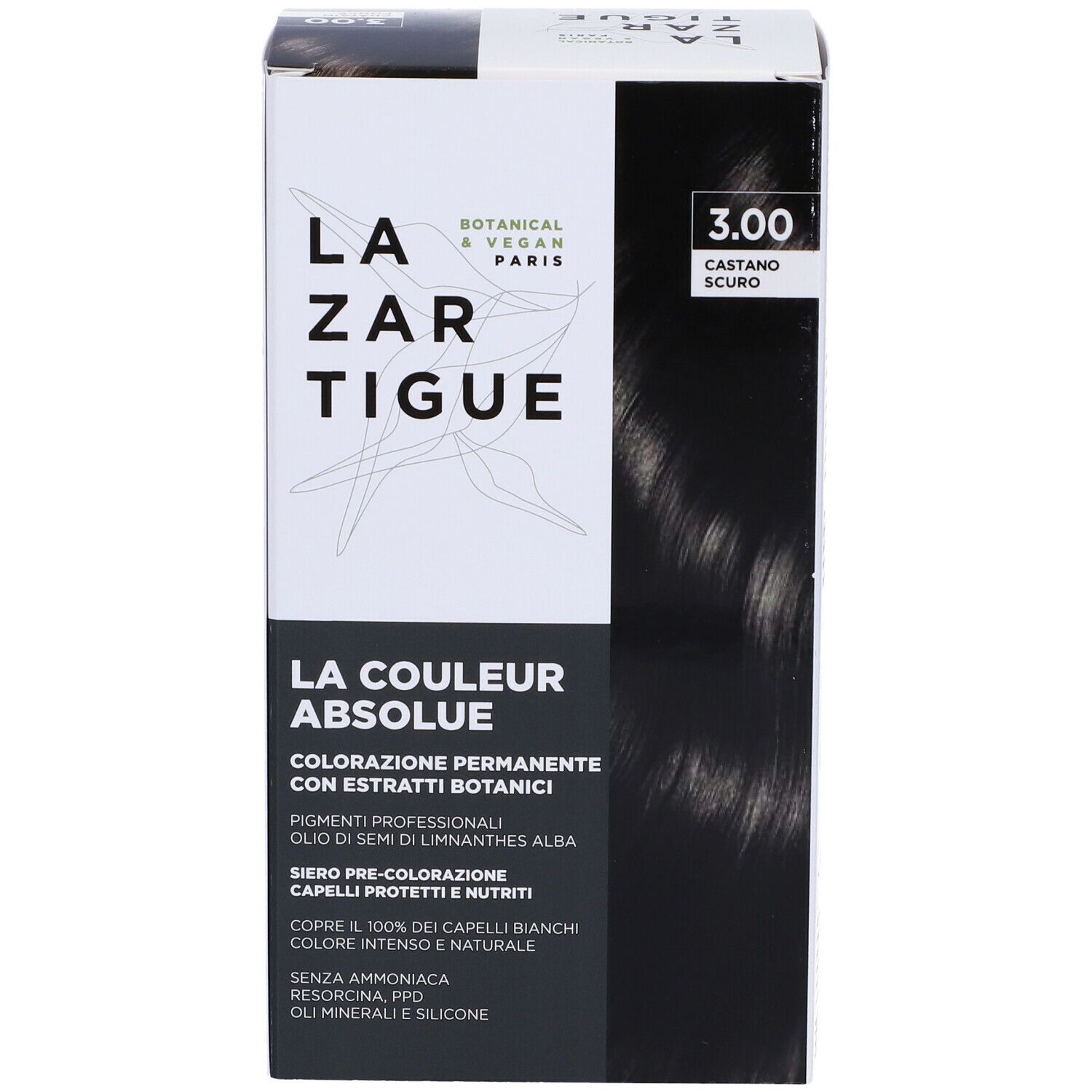 LAZARTIGUE COULEUR ABSOLUE, tinta castano scuro. Confezione, vista laterale con informazioni sul prodotto.