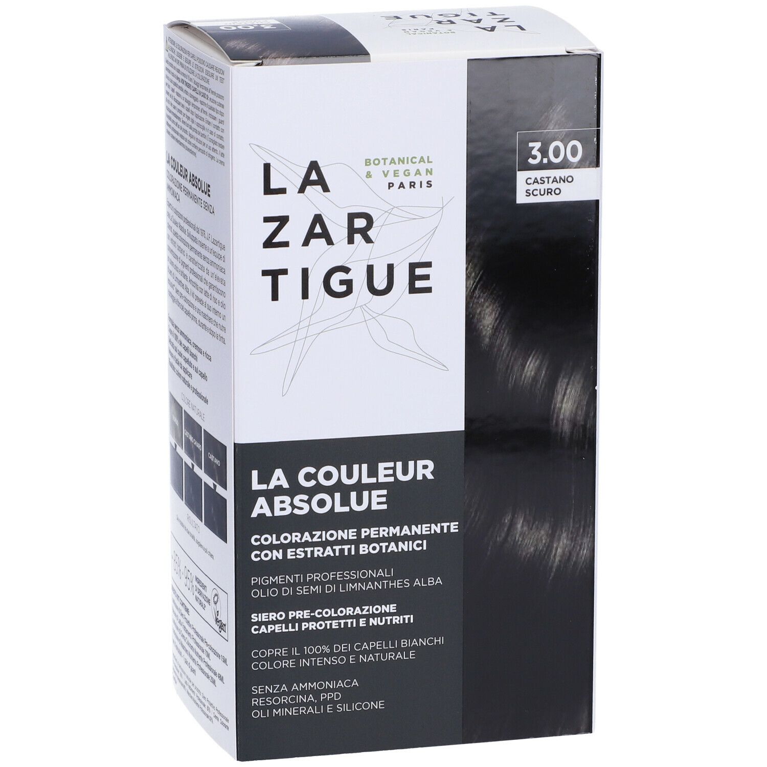 LAZARTIGUE COULEUR ABSOLUE, tinta castano scuro. Confezione, vista laterale con informazioni sul prodotto.