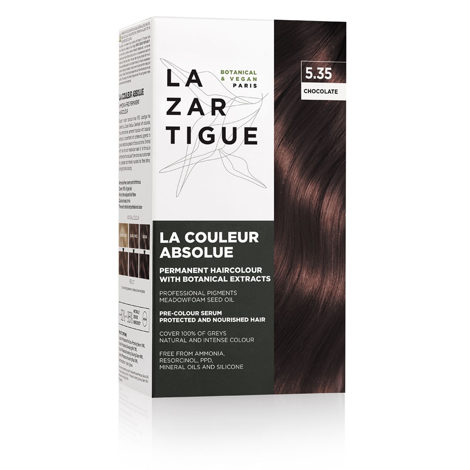 Confezione di colorazione per capelli LAZARTIGUE COULEUR ABSOLUE 5.35 Cioccolato. Imballaggio bianco e nero. Botanico e vegano.