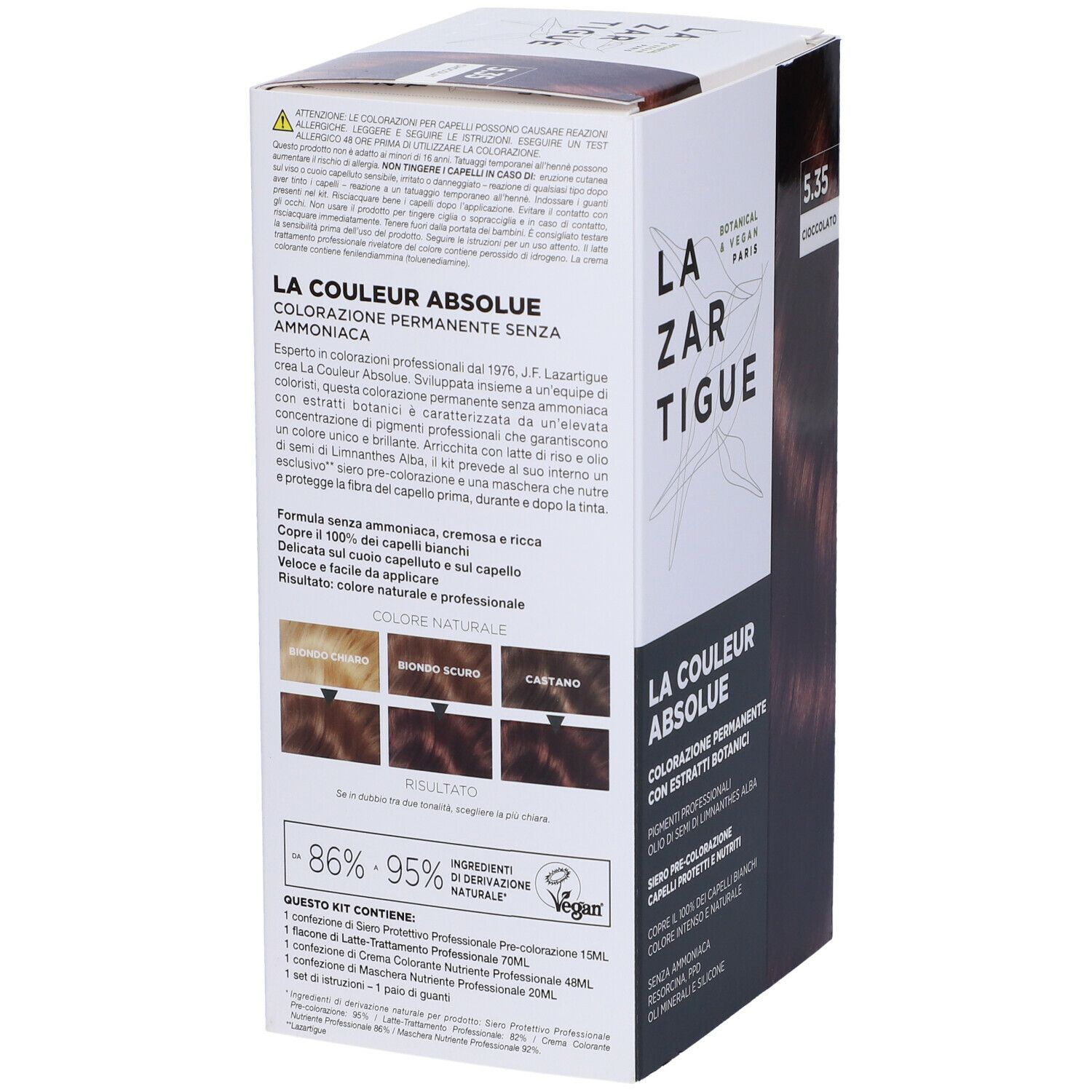 Confezione di colorazione per capelli LAZARTIGUE COULEUR ABSOLUE 5.35 Cioccolato. Imballaggio bianco e nero. Botanico e vegano.