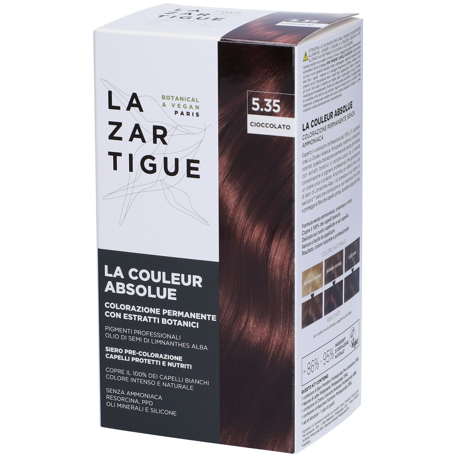 Confezione di colorazione per capelli LAZARTIGUE COULEUR ABSOLUE 5.35 Cioccolato. Imballaggio bianco e nero. Botanico e vegano.