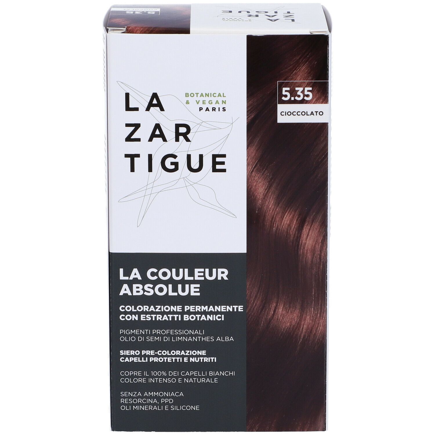 Confezione di colorazione per capelli LAZARTIGUE COULEUR ABSOLUE 5.35 Cioccolato. Imballaggio bianco e nero. Botanico e vegano.