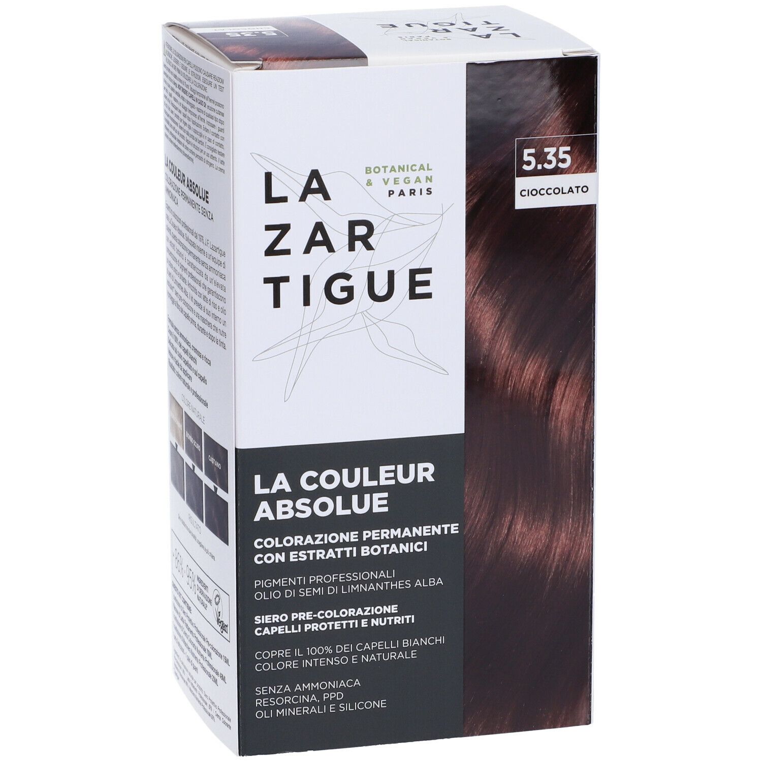 Confezione di colorazione per capelli LAZARTIGUE COULEUR ABSOLUE 5.35 Cioccolato. Imballaggio bianco e nero. Botanico e vegano.
