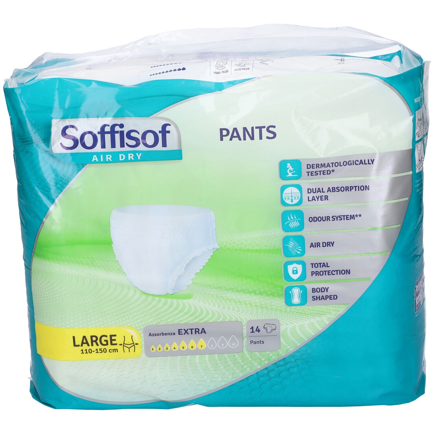 Verpackung von Pants. Marke Soffisof Air Dry. Größe L, 110-150 cm. 14 Stück. Extra Saugfähigkeit. Dermatologisch getestet.