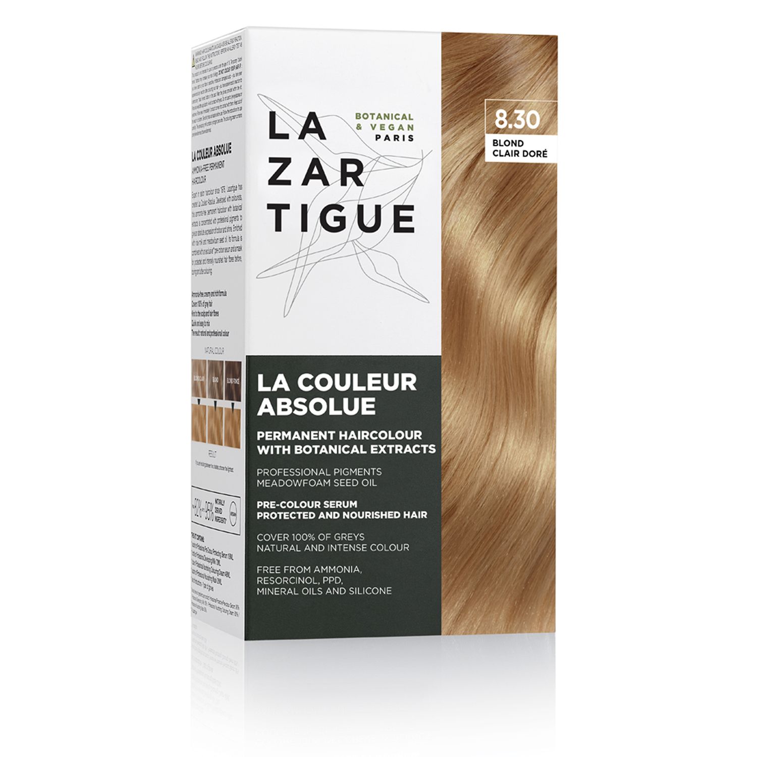 Scatola di tinta per capelli LAZARTIGUE. Tonalità 8.30 Biondo Chiaro Dorato. Botanico e vegano.
