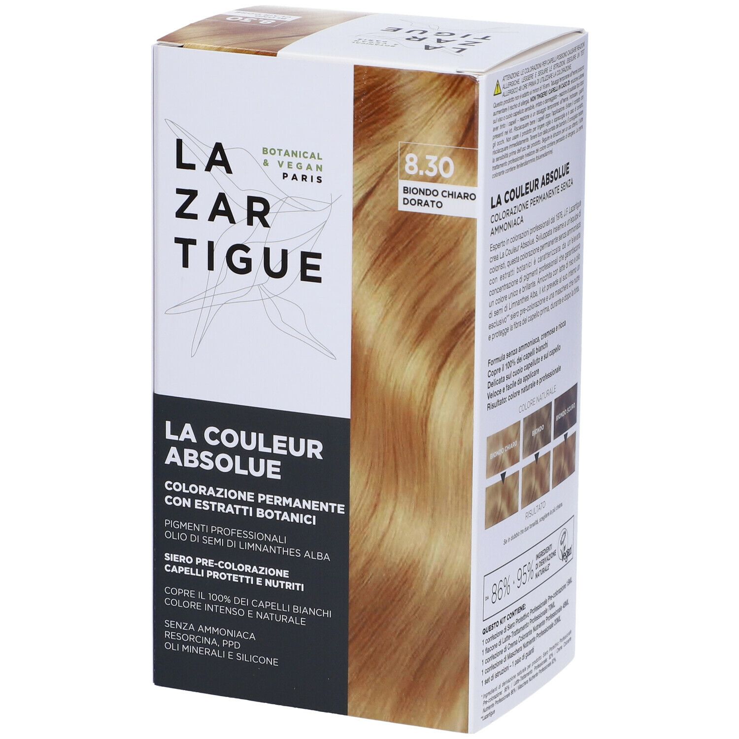Scatola tinta LAZARTIGUE. Tonalità 8.30 Biondo Chiaro Dorato. Botanico e vegano. Vista frontale.
