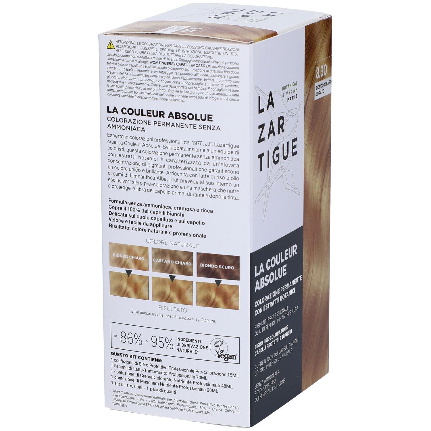 Scatola tinta LAZARTIGUE. Tonalità 8.30 Biondo Chiaro Dorato. Botanico e vegano. Vista posteriore.