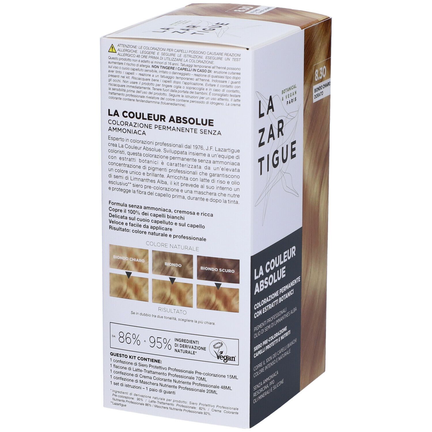 Scatola tinta LAZARTIGUE. Tonalità 8.30 Biondo Chiaro Dorato. Botanico e vegano. Vista posteriore.