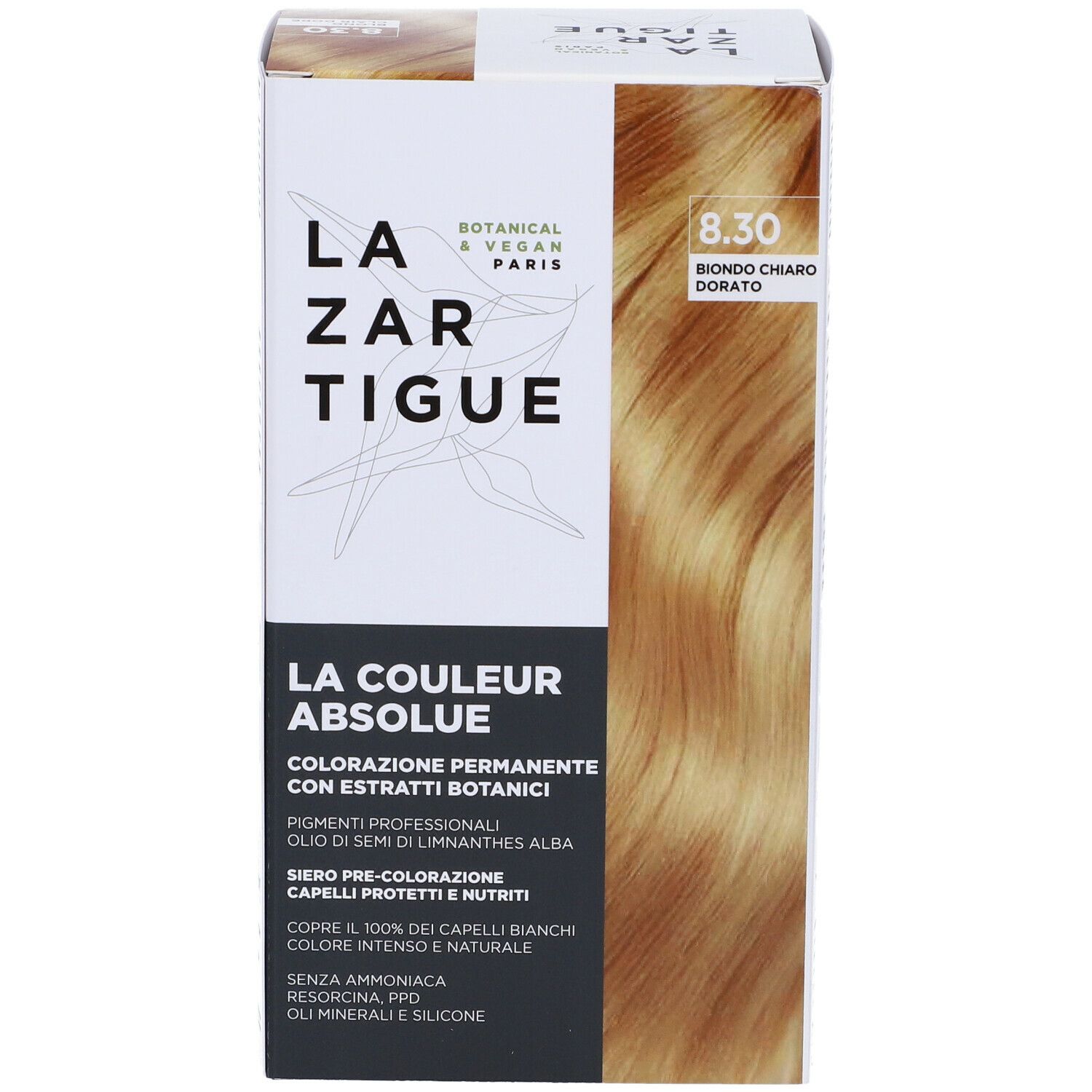 Scatola tinta LAZARTIGUE. Tonalità 8.30 Biondo Chiaro Dorato. Botanico e vegano. Vista frontale.