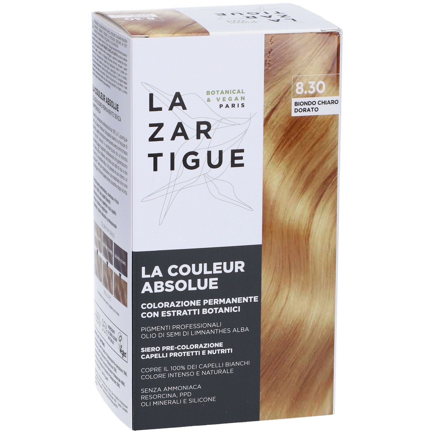 Scatola tinta LAZARTIGUE. Tonalità 8.30 Biondo Chiaro Dorato. Botanico e vegano. Vista frontale.
