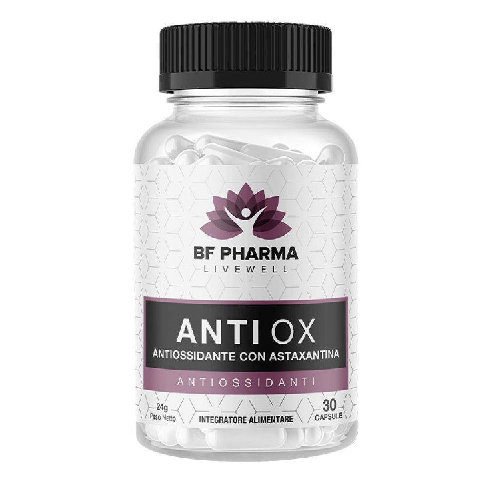 Flacone trasparente con tappo nero, pieno di capsule. Etichetta con "BF Pharma", "ANTI OX" e "Antiossidanti".