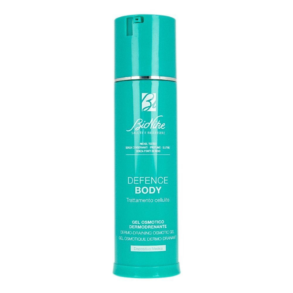 Flacone turchese con logo Bionike e testo DEFENCE BODY. Gel Osmotico Dermodrenante.