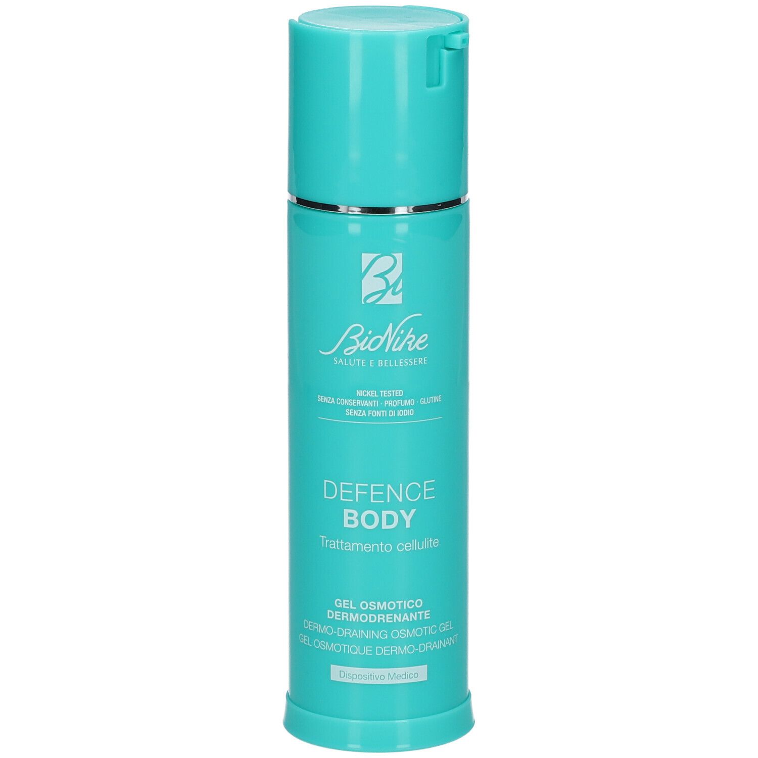 Flacone turchese con logo Bionike e testo DEFENCE BODY. Gel Osmotico Dermodrenante.