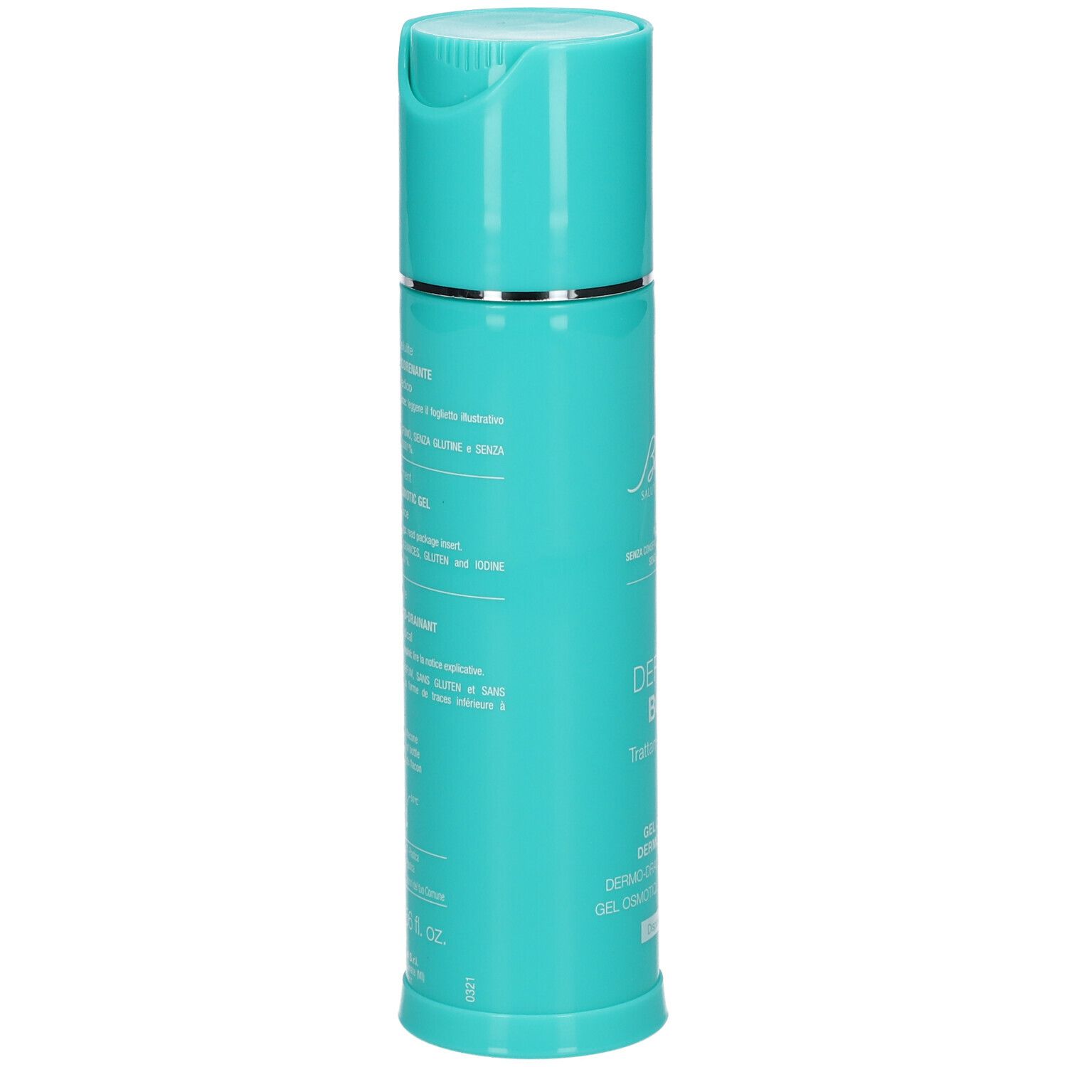 Flacone turchese con testo e informazioni. DEFENCE BODY. Gel Osmotico Dermodrenante.