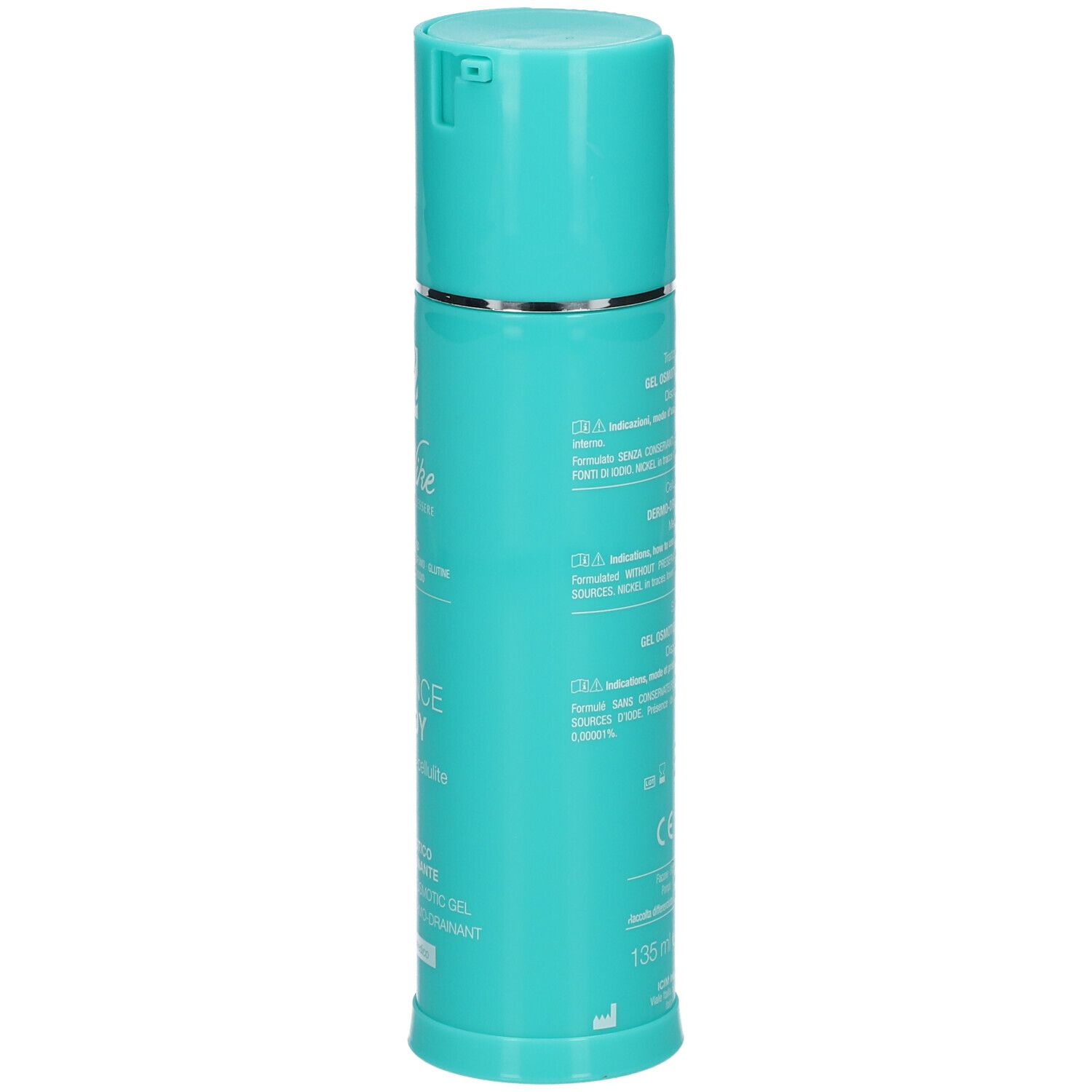 Flacone turchese con testo e informazioni. DEFENCE BODY. Gel Osmotico Dermodrenante.