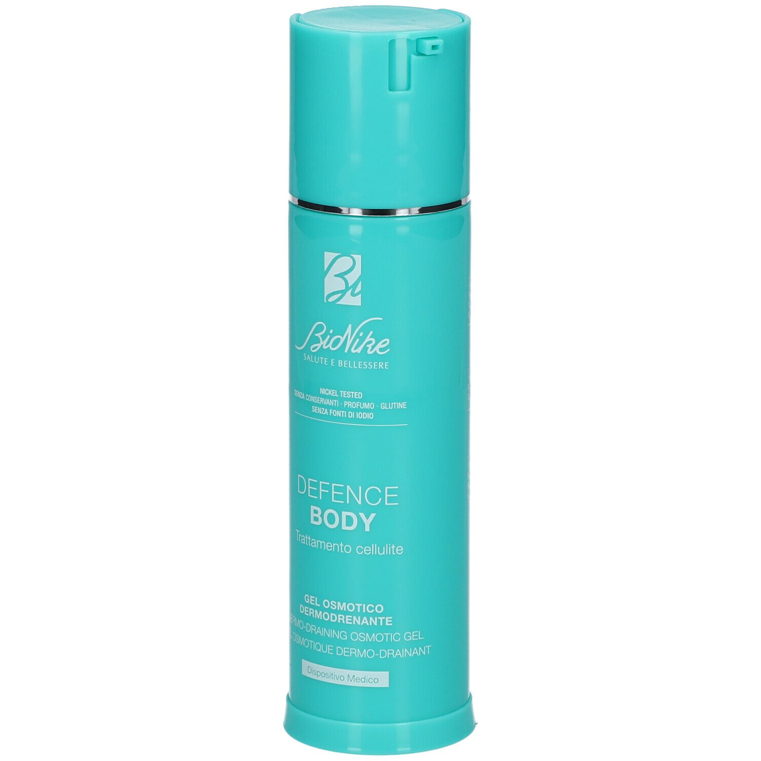 Flacone turchese con logo Bionike e testo DEFENCE BODY. Gel Osmotico Dermodrenante.
