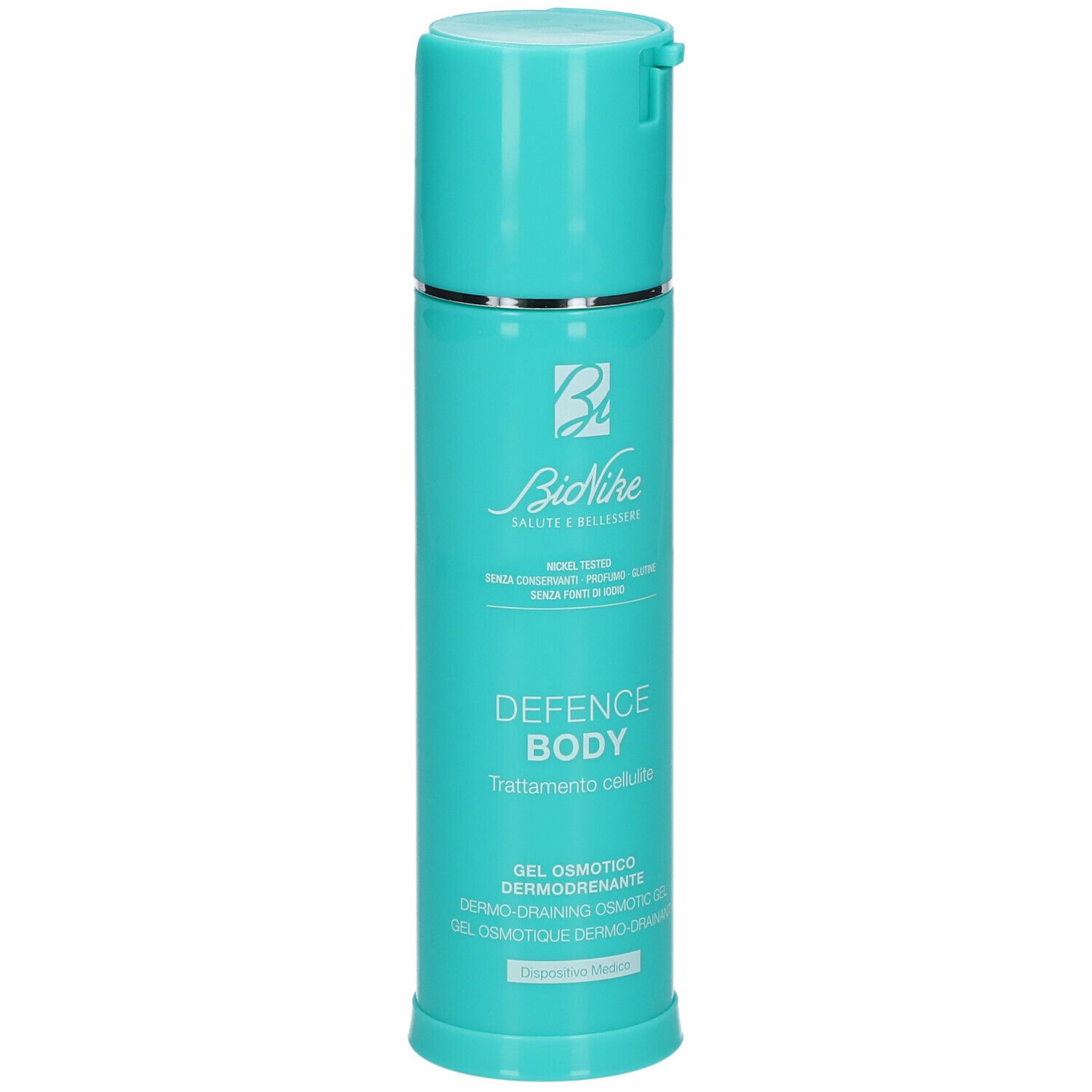 Flacone turchese con logo Bionike e testo DEFENCE BODY. Gel Osmotico Dermodrenante.