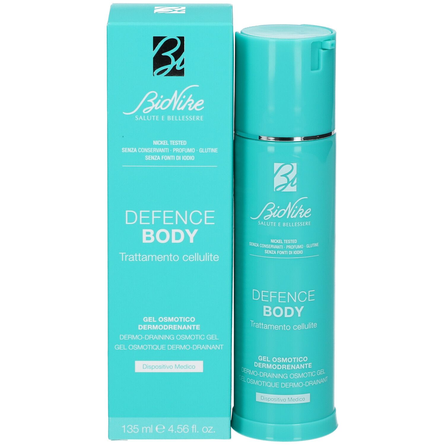 Confezione con flacone e scatola. Bionike DEFENCE BODY. Gel Osmotico Dermodrenante.