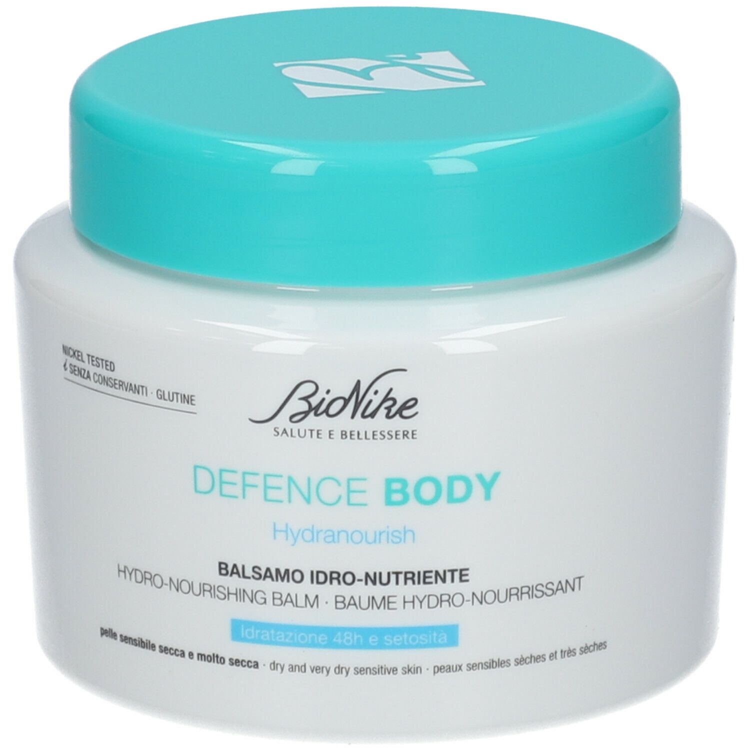 Vaso bianco con coperchio turchese. Scritta: Bionike DEFENCE BODY Hydranourish. Nickel Tested.