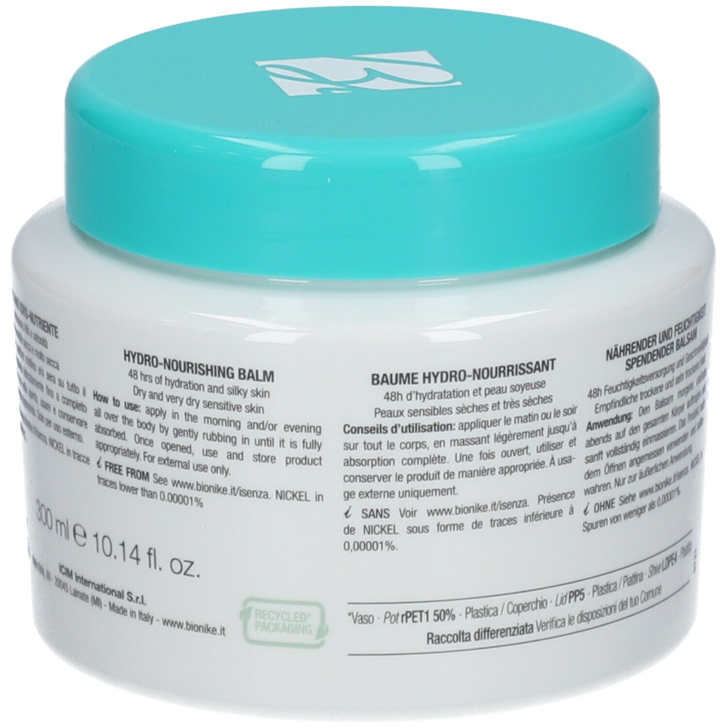 Vaso bianco con coperchio turchese. Scritta: Bionike DEFENCE BODY Hydranourish. Nickel Tested.
