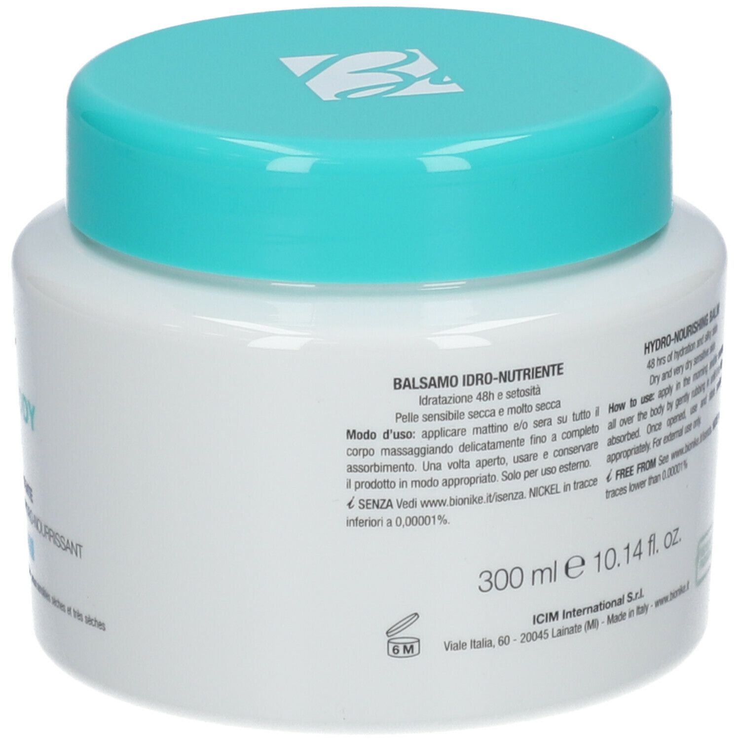 Vaso bianco con coperchio turchese. Scritta: Bionike DEFENCE BODY Hydranourish. Nickel Tested.