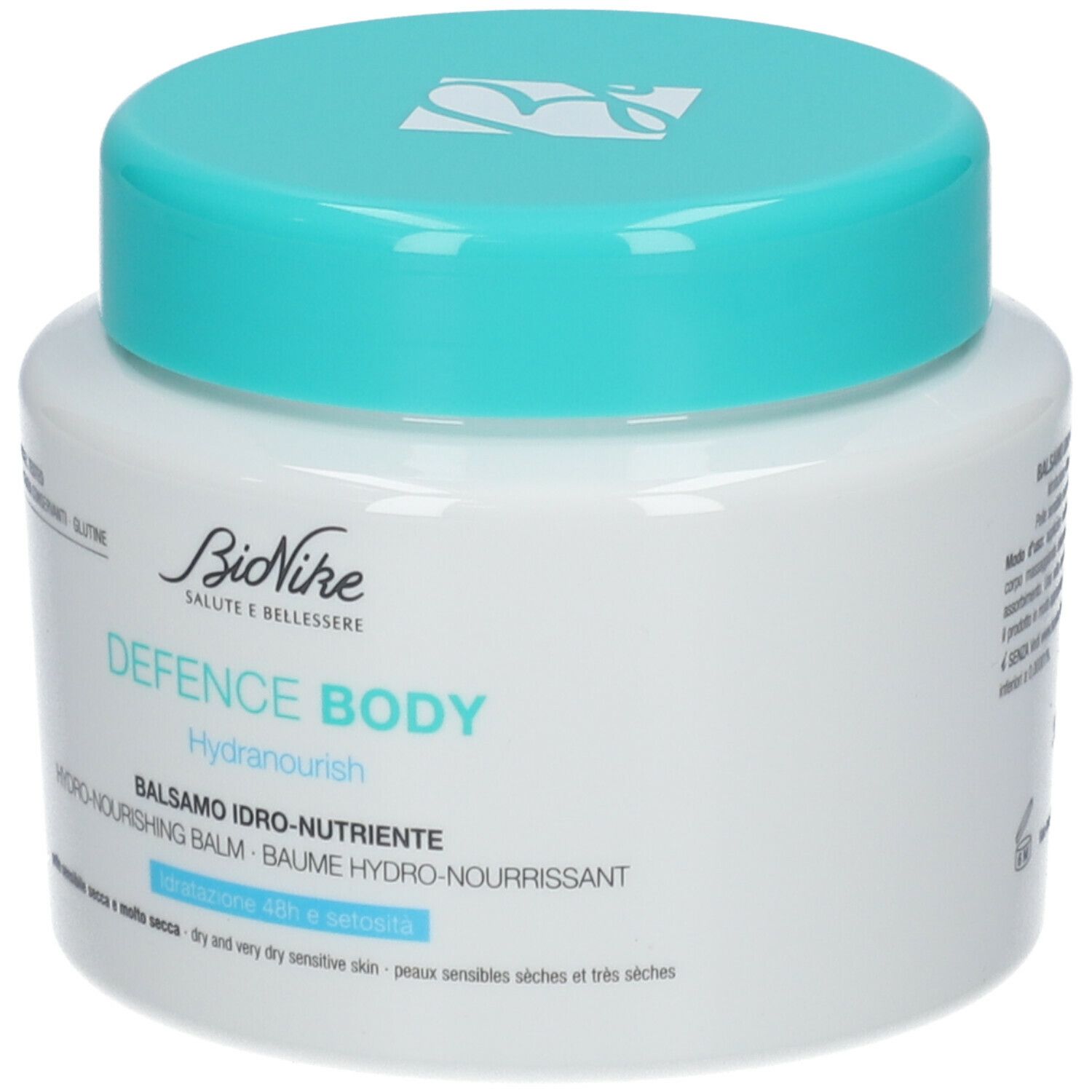Vaso bianco con coperchio turchese. Scritta: Bionike DEFENCE BODY Hydranourish. Nickel Tested.