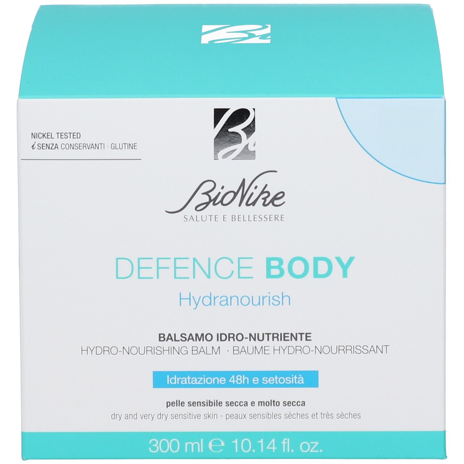 Confezione del prodotto. Scritta: Bionike DEFENCE BODY Hydranourish. Nickel Tested. 300 ml.