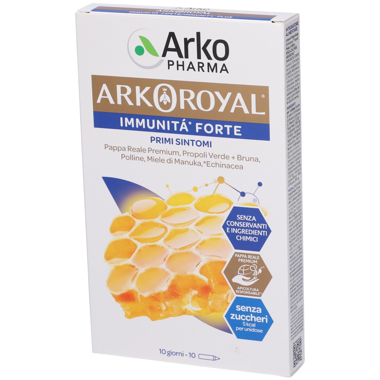Scatola Arkoroyal Immunità Forte. Contiene 10 dosi. Scritta: Senza zuccheri, 10 giorni.