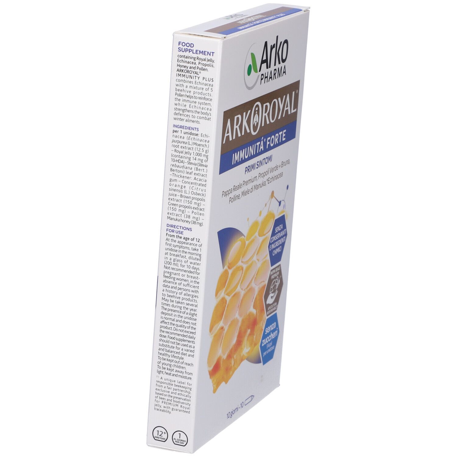Scatola Arkoroyal Immunità Forte. Contiene 10 dosi. Scritta: Senza zuccheri, 10 giorni.