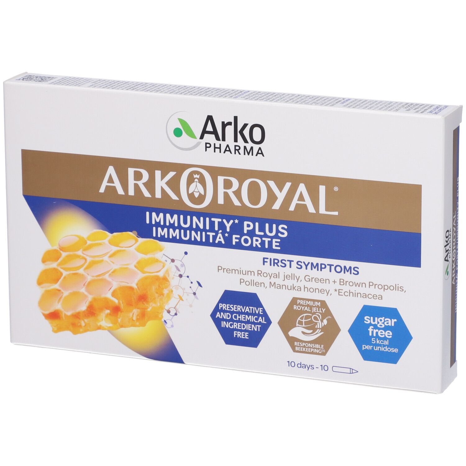 Scatola Arkoroyal Immunità Forte. Contiene 10 dosi. Scritta: Senza zuccheri, 10 giorni.