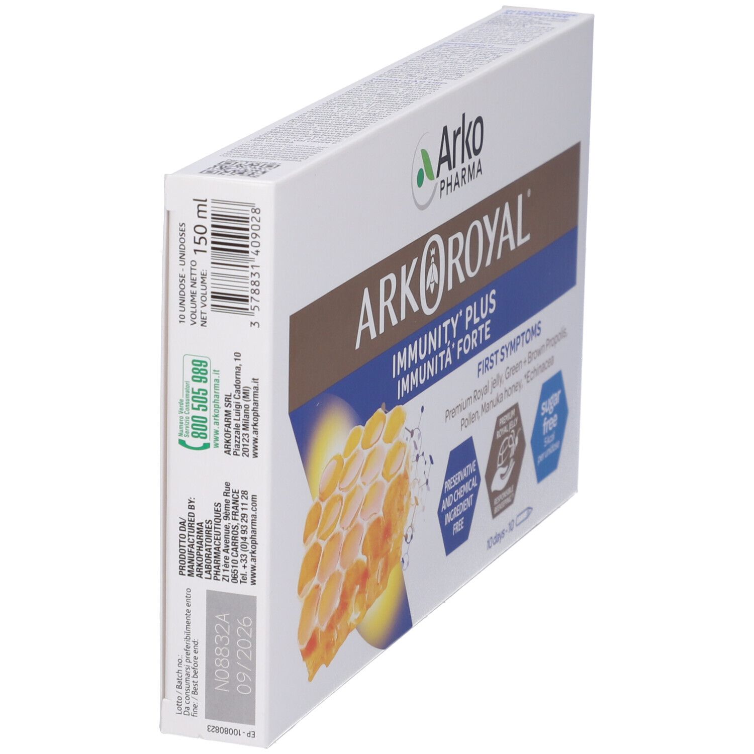 Scatola Arkoroyal Immunità Forte. Contiene 10 dosi. Scritta: Senza zuccheri, 10 giorni.