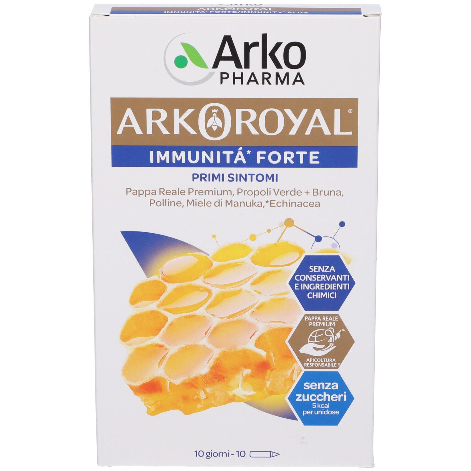 Scatola Arkoroyal Immunità Forte. Contiene 10 dosi. Scritta: Senza zuccheri, 10 giorni.