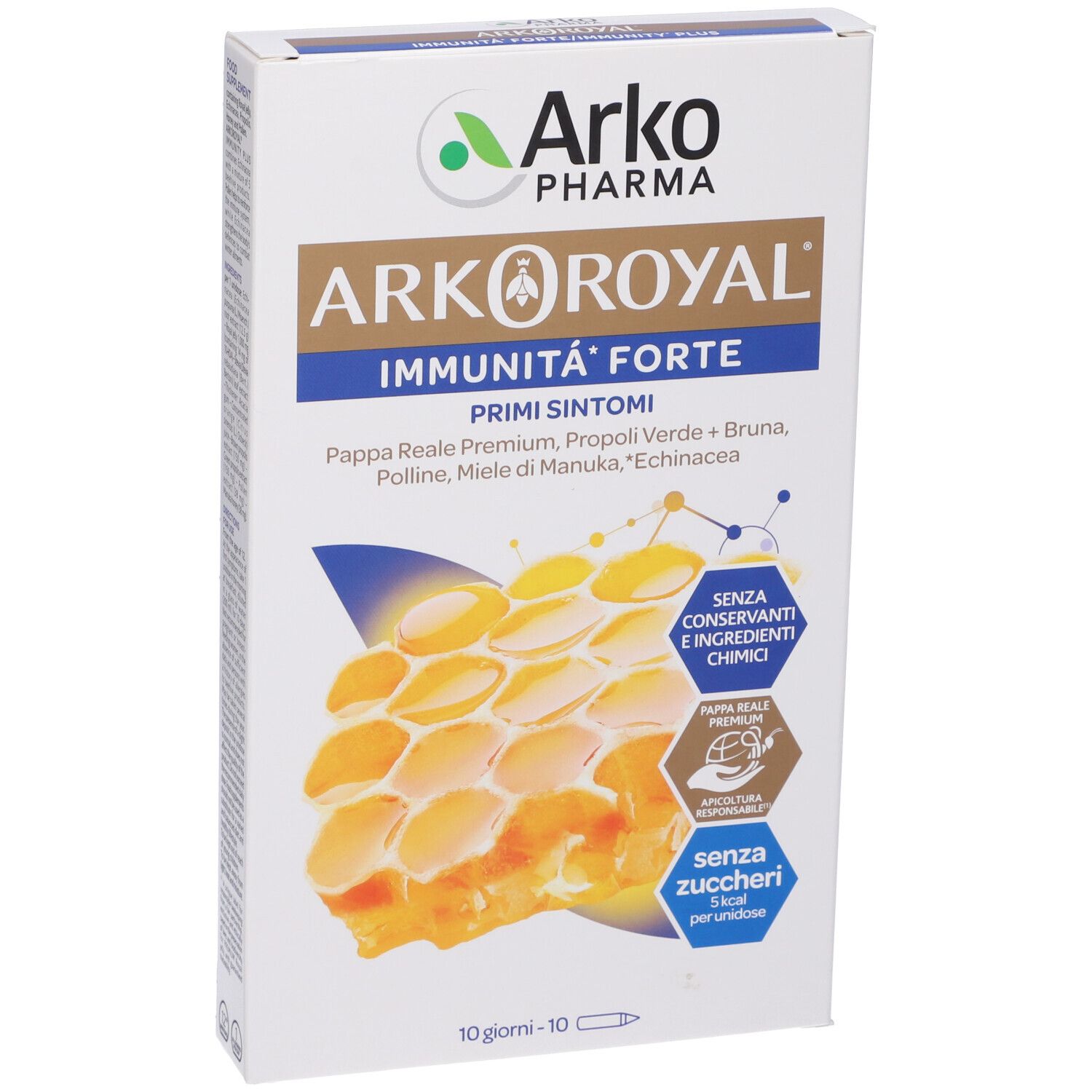 Scatola Arkoroyal Immunità Forte. Contiene 10 dosi. Scritta: Senza zuccheri, 10 giorni.