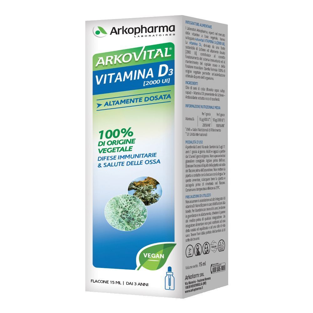 Arkopharma Arkovital Vitamina D3. Confezione con informazioni sul prodotto. Scritta: Vitamina D3, 2000 UI, 100% di origine vegetale, vegan.