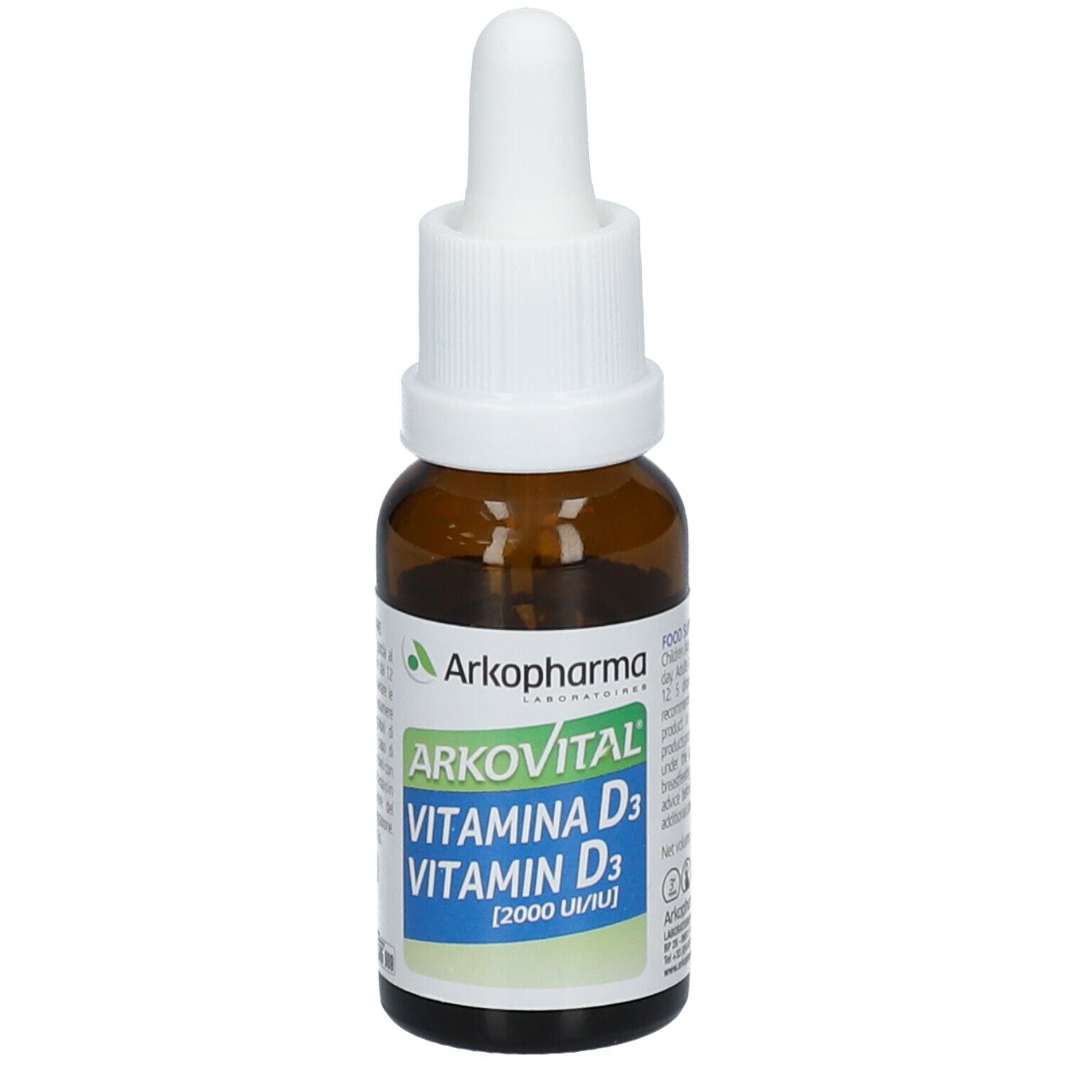 Flacone di vetro marrone con contagocce bianco. Scritta: Arkopharma, Arkovital, Vitamina D3, 2000 UI. Etichetta con informazioni.