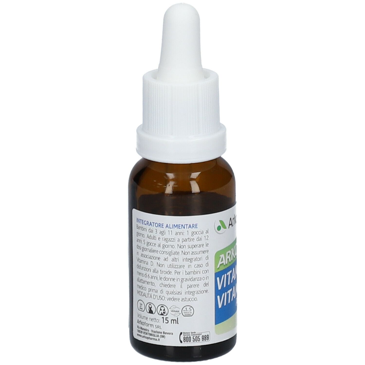 Flacone di vetro marrone con contagocce bianco. Scritta: Arkopharma, Arkovital, Vitamina D3, 2000 UI. Etichetta con informazioni.