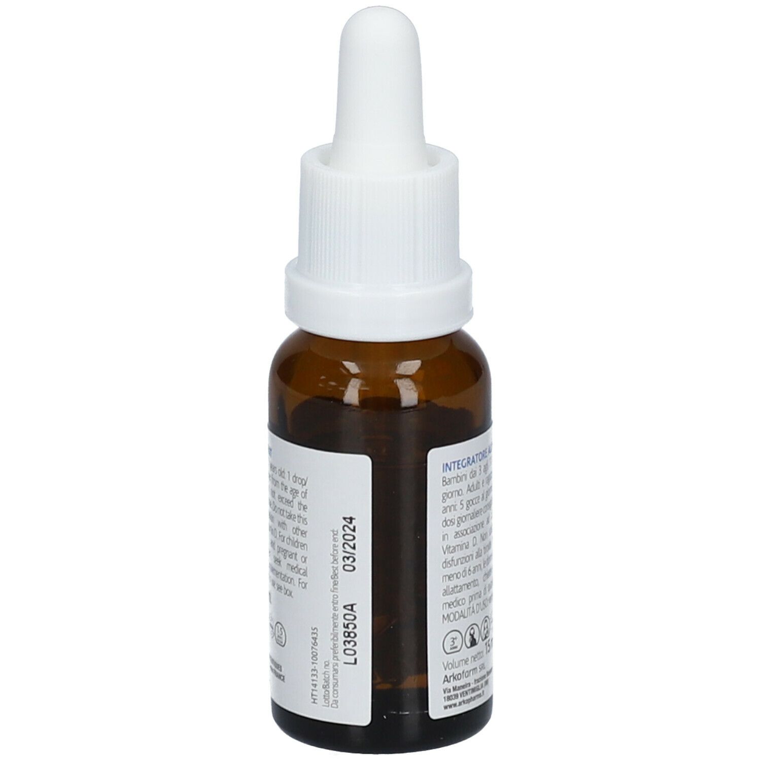 Flacone di vetro marrone con contagocce bianco. Scritta: Arkopharma, Arkovital, Vitamina D3, 2000 UI. Etichetta con informazioni.