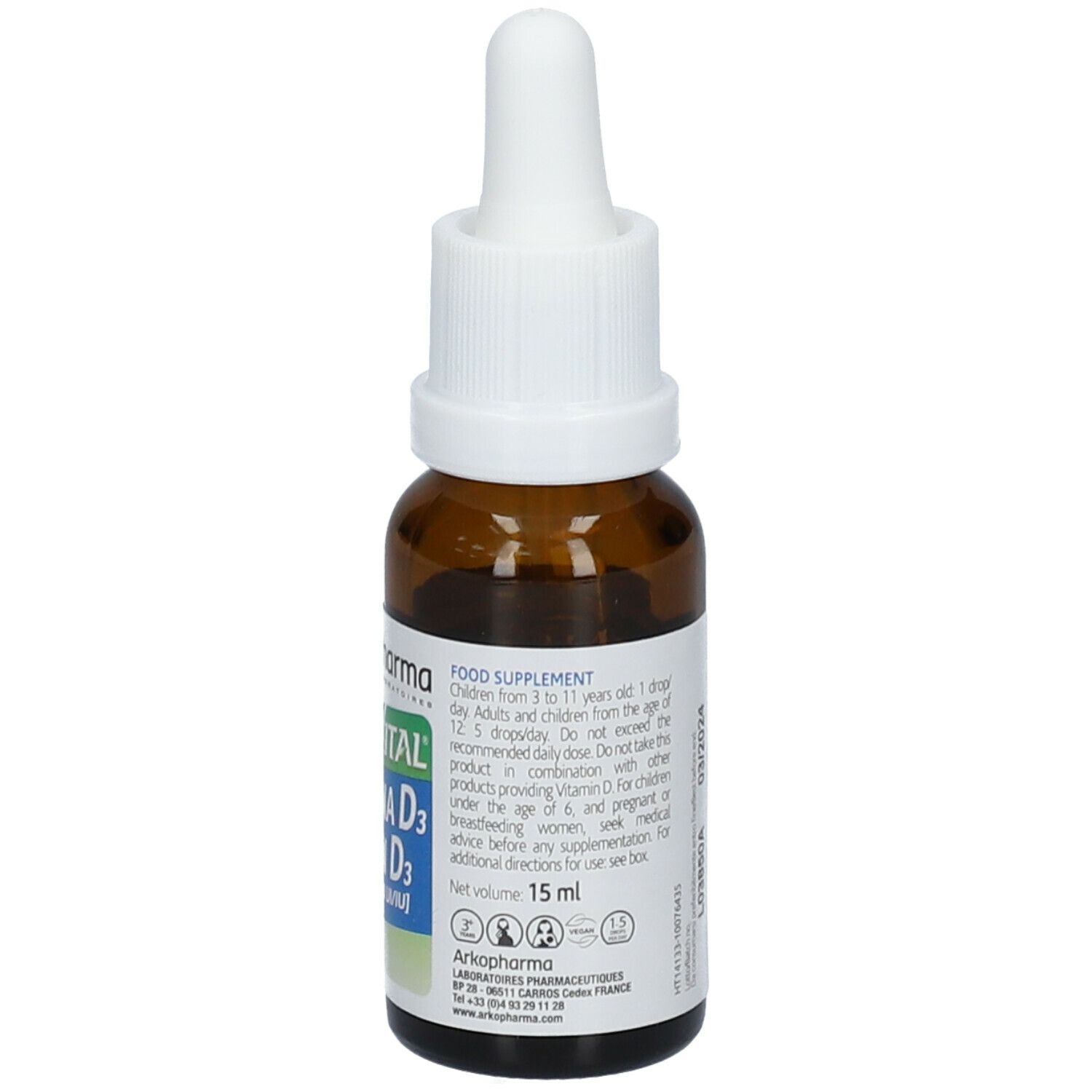 Flacone di vetro marrone con contagocce bianco. Scritta: Arkopharma, Arkovital, Vitamina D3, 2000 UI. Etichetta con informazioni.
