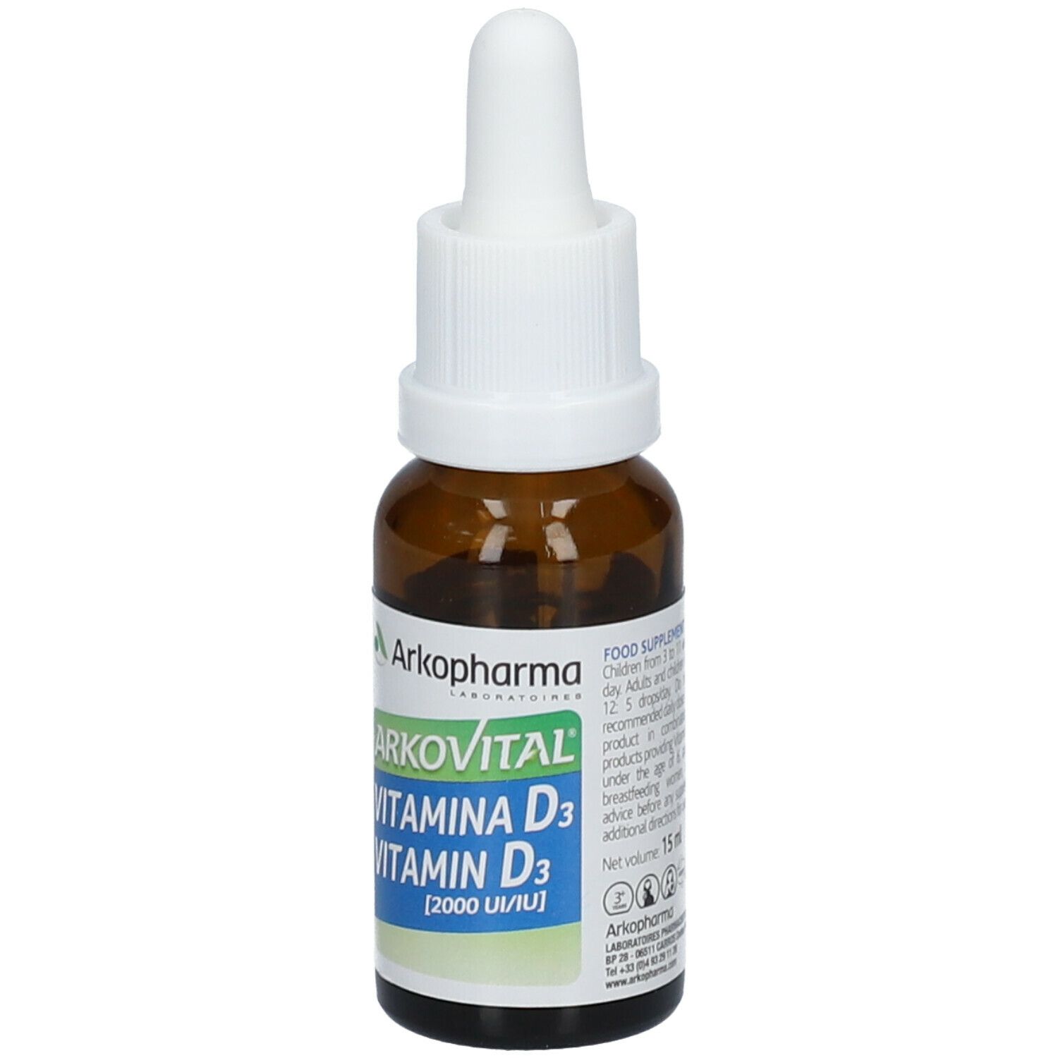 Flacone di vetro marrone con contagocce bianco. Scritta: Arkopharma, Arkovital, Vitamina D3, 2000 UI. Etichetta con informazioni.