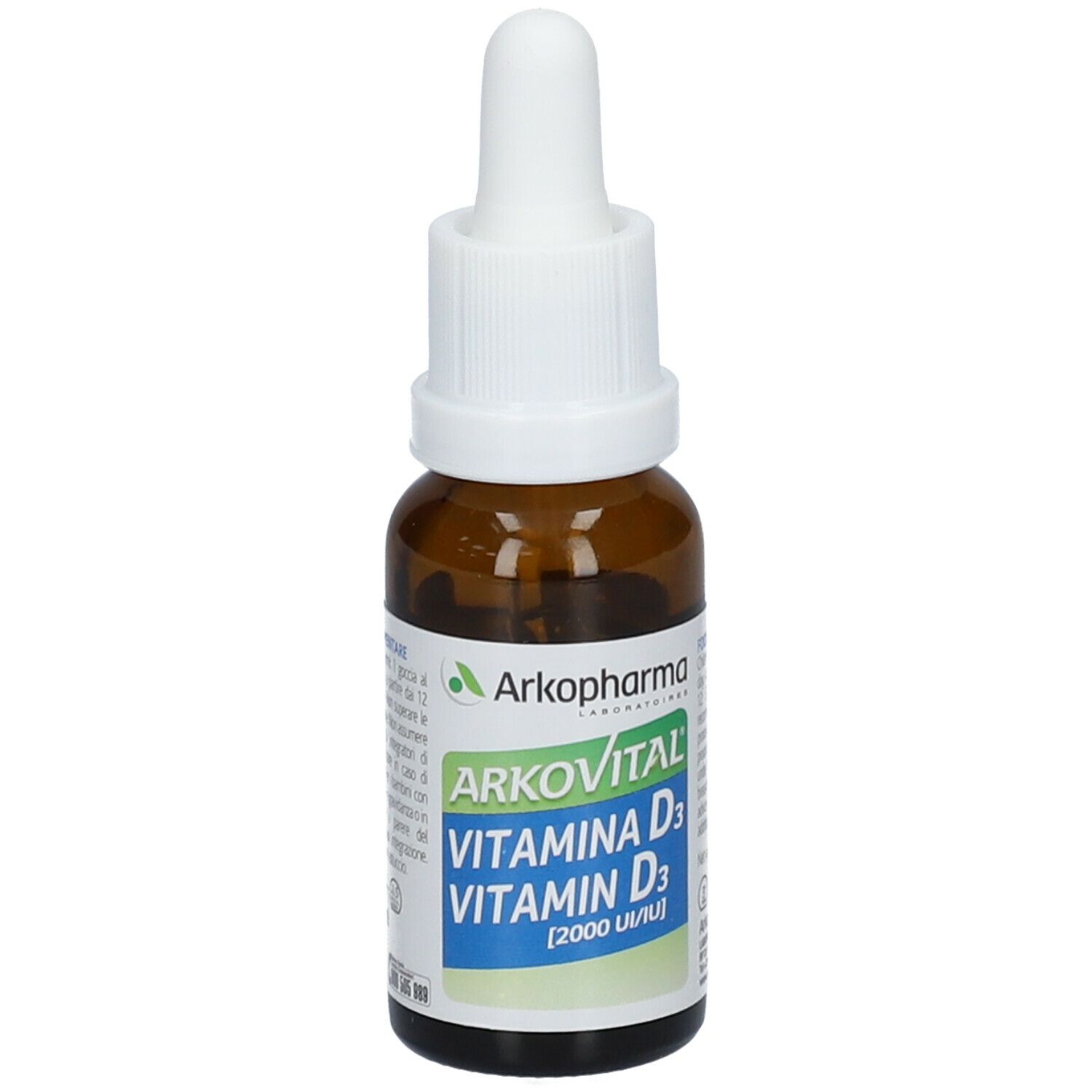 Flacone di vetro marrone con contagocce bianco. Scritta: Arkopharma, Arkovital, Vitamina D3, 2000 UI. Etichetta con informazioni.