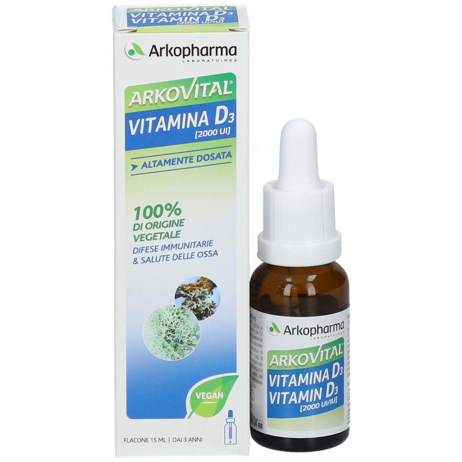 Flacone di vetro marrone con contagocce bianco e confezione. Scritta: Arkopharma, Arkovital, Vitamina D3, 2000 UI. Vegan.