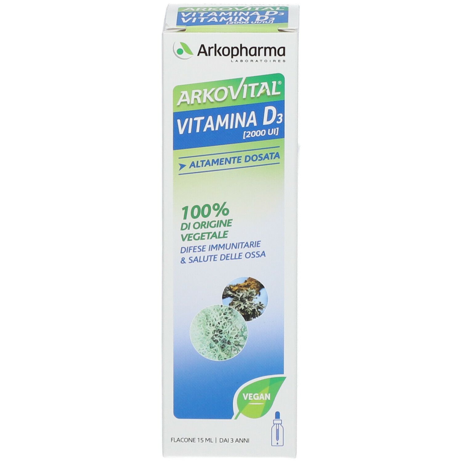 Confezione di Arkopharma Arkovital Vitamina D3. Scritta: Vitamina D3, 2000 UI, 100% di origine vegetale, vegan.