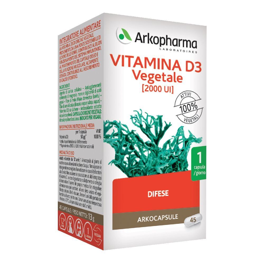 Scatola Arkopharma Vitamina D3 Vegetale. Scritta: 2000 UI, 100% vegetale. 45 capsule. Confezione verde e bianca.