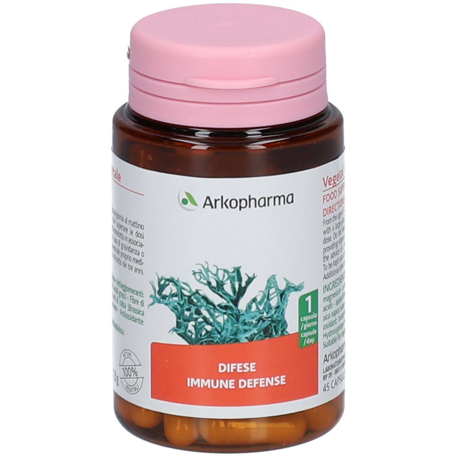 Flacone marrone con coperchio rosa. Contiene capsule. Scritta: Difese Immune Defense. 100% vegetale. 45 capsule.