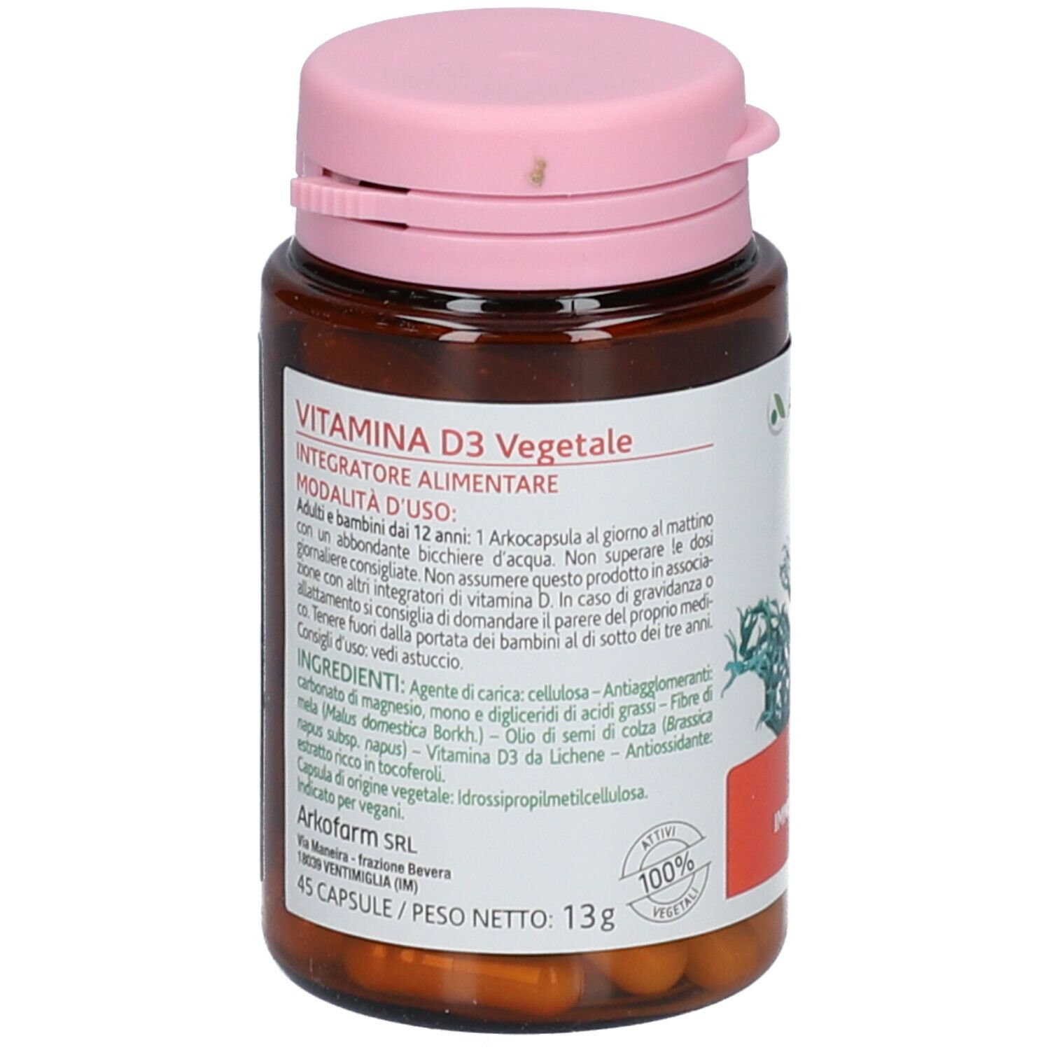 Flacone marrone con coperchio rosa. Contiene capsule. Scritta: Vitamina D3 Vegetale. 45 capsule. 13g.