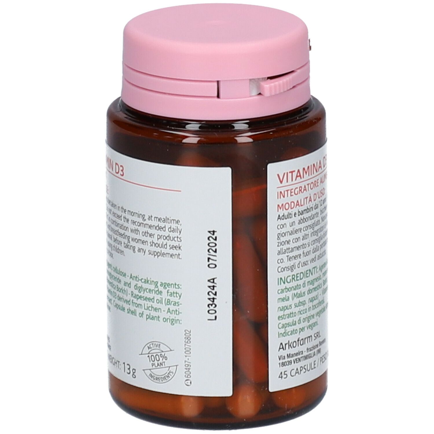 Flacone marrone con coperchio rosa. Contiene capsule. Scritta: Vitamina D3 Vegetale. 45 capsule. Scadenza 07/2024.