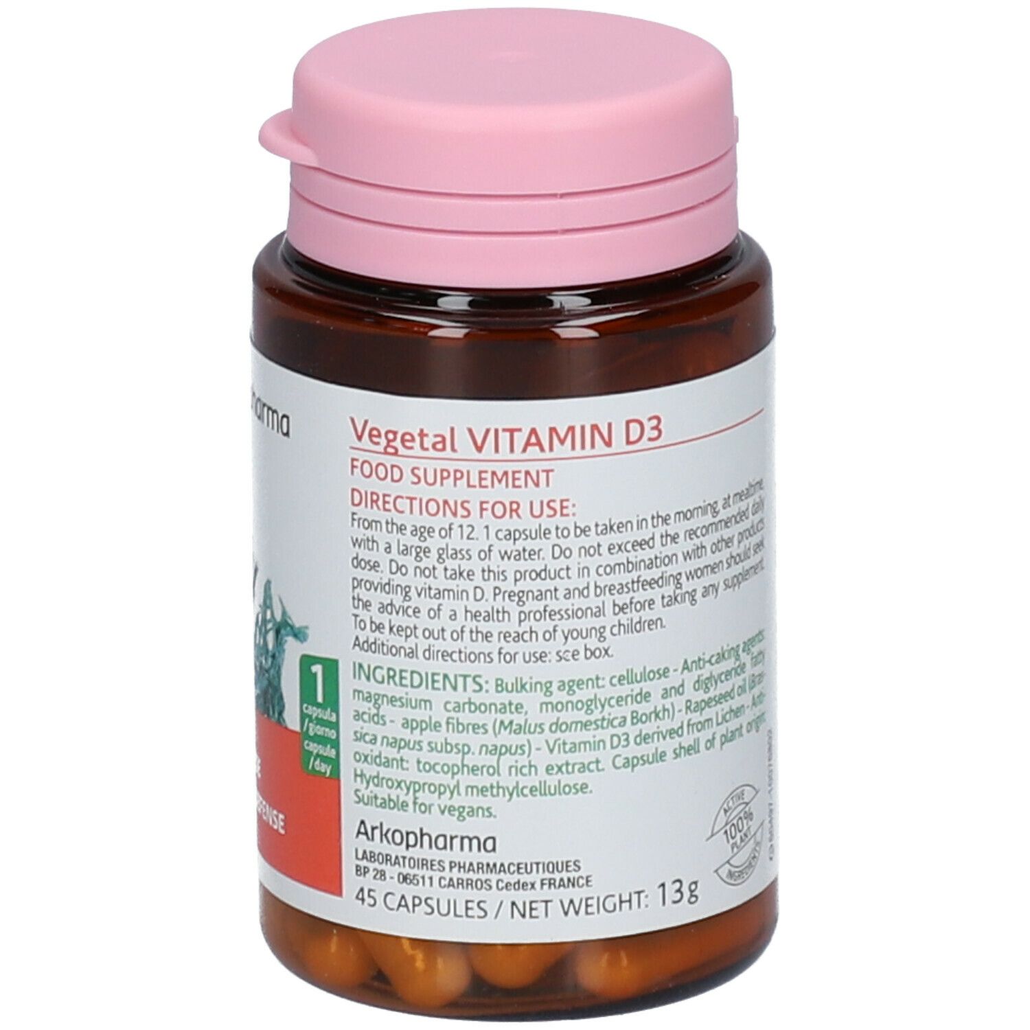 Flacone marrone con coperchio rosa. Contiene capsule. Scritta: Vegetal Vitamin D3. 45 capsule. 13g.